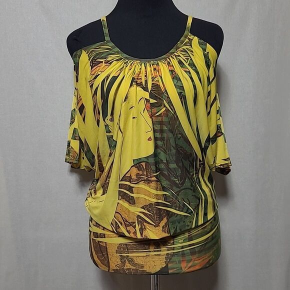 Kokomax Womens Top Size Small Open Shoulder Dolman Sleeve Geisha Print - Picture 1 of 13
